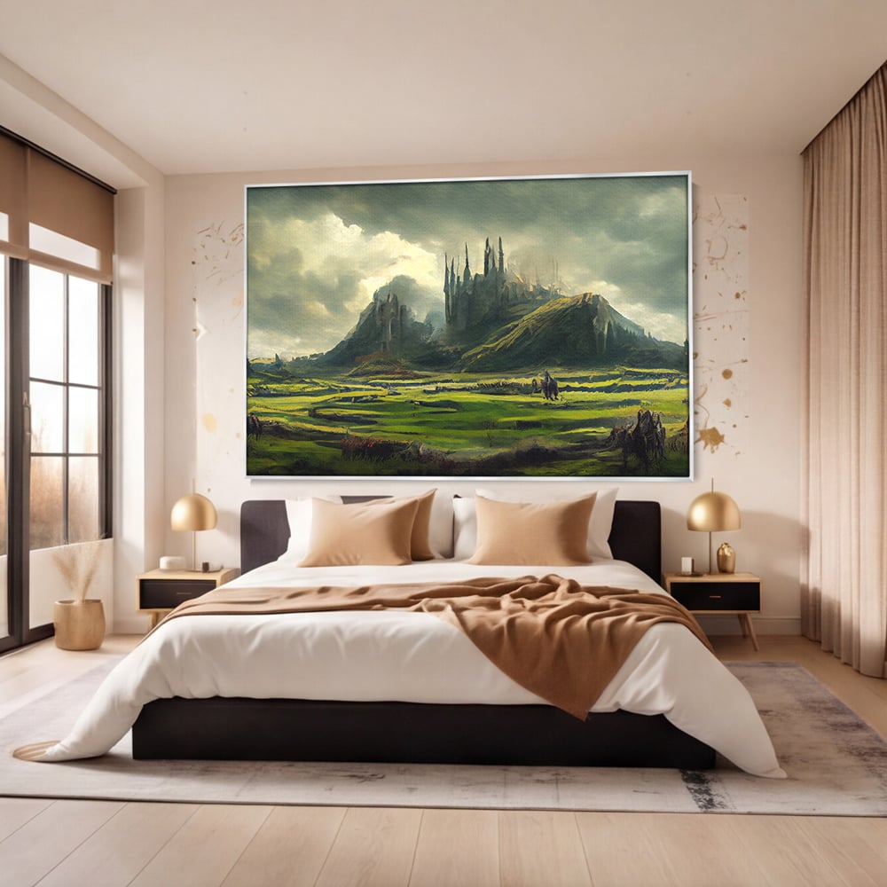 Tablou canvas cu tablou canvas cu cetate medievala si peisaj, in rama de aluminiu argintiu, pe perete intr-un dormitor